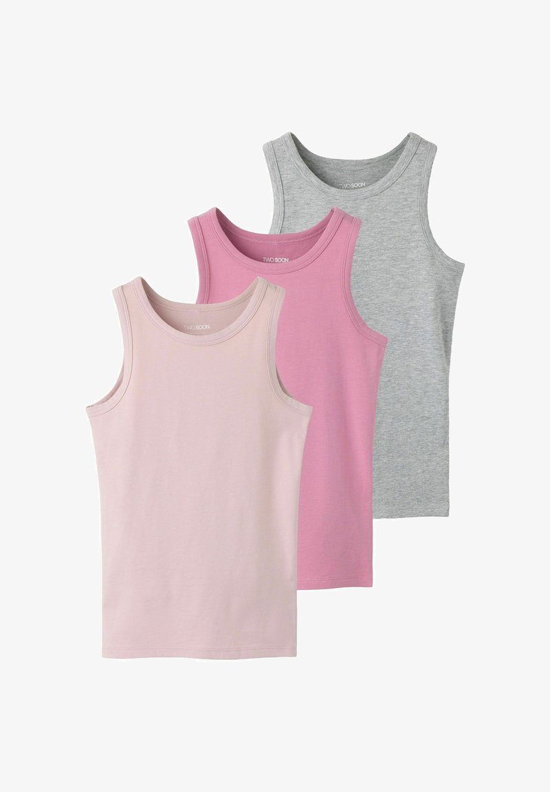 Trois débardeurs en coton sans manches de couleur rose clair, rose et gris, disposés en chevauchement sur un fond blanc.