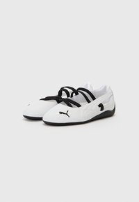 Baskets de sport blanches avec des accents noirs, dotées de sangles croisées, d'une surface lisse et d'une semelle en caoutchouc noir texturé. Logo Puma affiché.