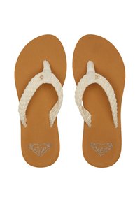 Flip-flops with a braided white strap, tan cushioned footbed, and subtle glitter logo detail on the sole. Durable material with textured finish.