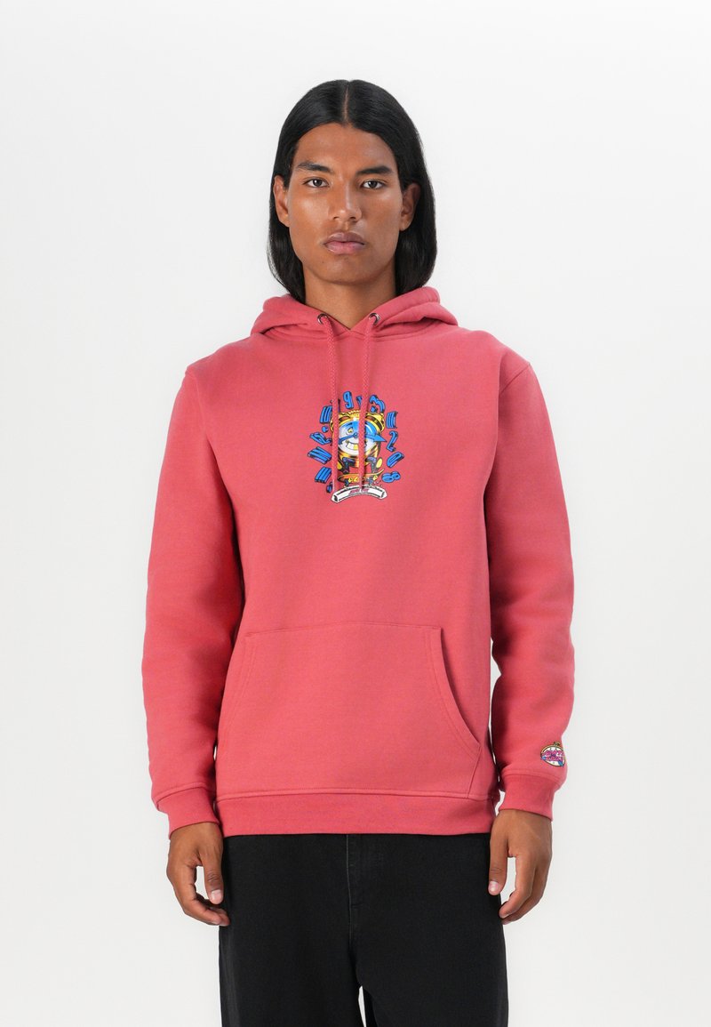Roze hoodie van zacht materiaal, met een grafisch ontwerp op de borst, een voorste kangoeroezak en ribgebreide manchetten en zoom.
