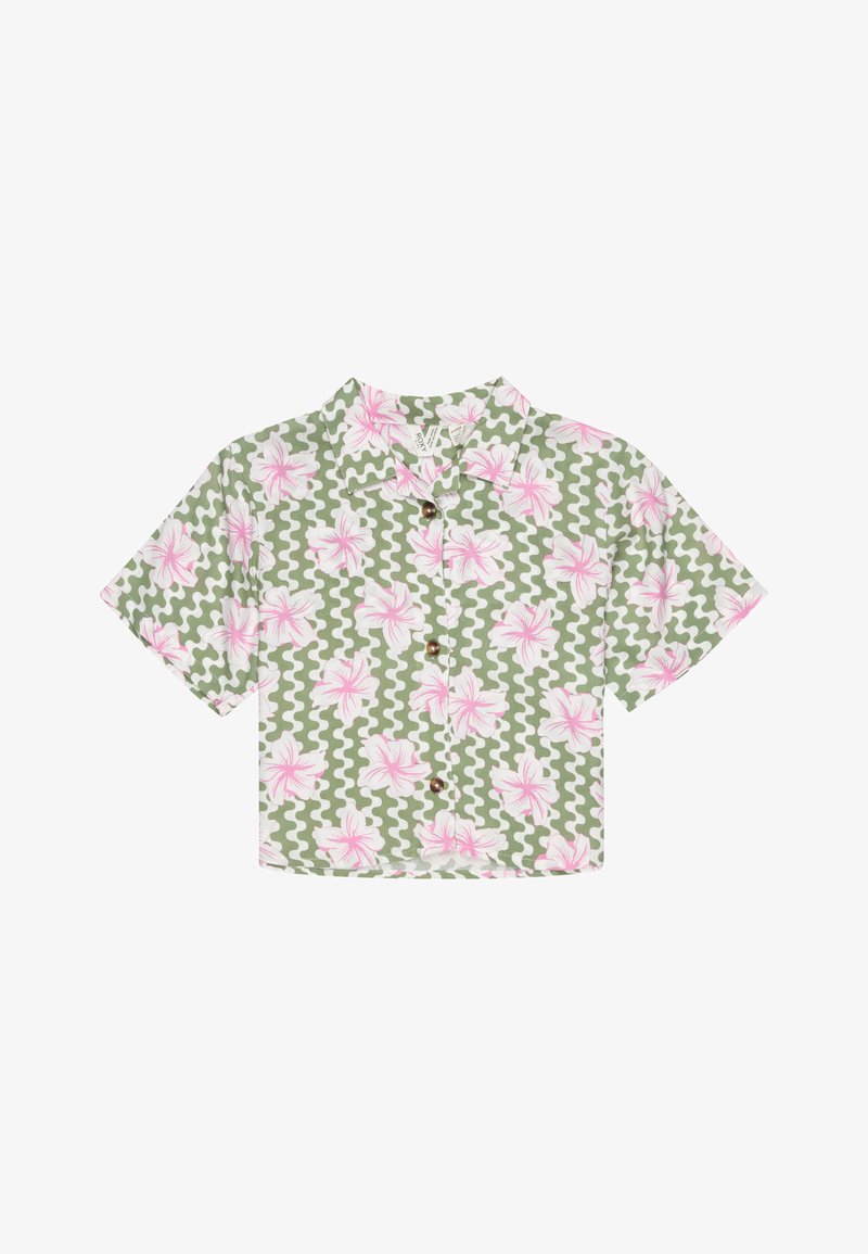 Zkrácená košile s krátkým rukávem, zeleným vlnkovaným vzorem a růžovým květinovým designem. Obsahuje límec a zapínání na knoflíky.