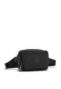 Black fabric crossbody bag with geometric pattern, zip closure, and decorative keychain. Features an adjustable strap and round logo.