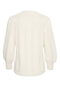 Pull en crème tricoté présentant un motif en vagues, avec un ourlet et des poignets côtelés, des manches bouffantes et une texture ouverte sur l'ensemble du tissu.