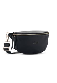 Sac banane en cuir noir avec fermeture éclair dorée et sangle réglable, avec le mot « EXPATRIÉ » en lettres dorées sur le devant.