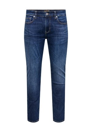 Jean slim en denim bleu foncé avec poches avant, passants de ceinture, fermeture par boutons et coutures orange.