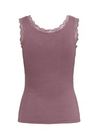 Bezrękawnik z prążkowanego materiału w kolorze przybrudzonego mauve, z koronkowym wykończeniem dekoltu i otworów na ramiona, dopasowany krój.