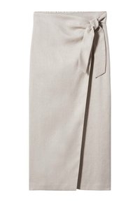 Jupe en lin beige avec une ceinture nouée à la taille, présentant une silhouette droite et une texture subtile.