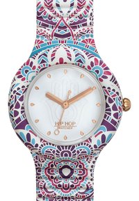 Farverig mønstret ur med en hvid rem, der har lilla og blå designs, en hvid urskive samt roseguld hænder og accenter.