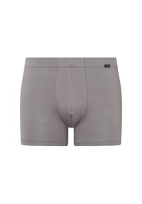 Boxer shorts grigi rappresentano un tessuto morbido con una consistenza liscia. Presentano una tasca frontale e un elastico minimalista con una piccola etichetta del marchio.