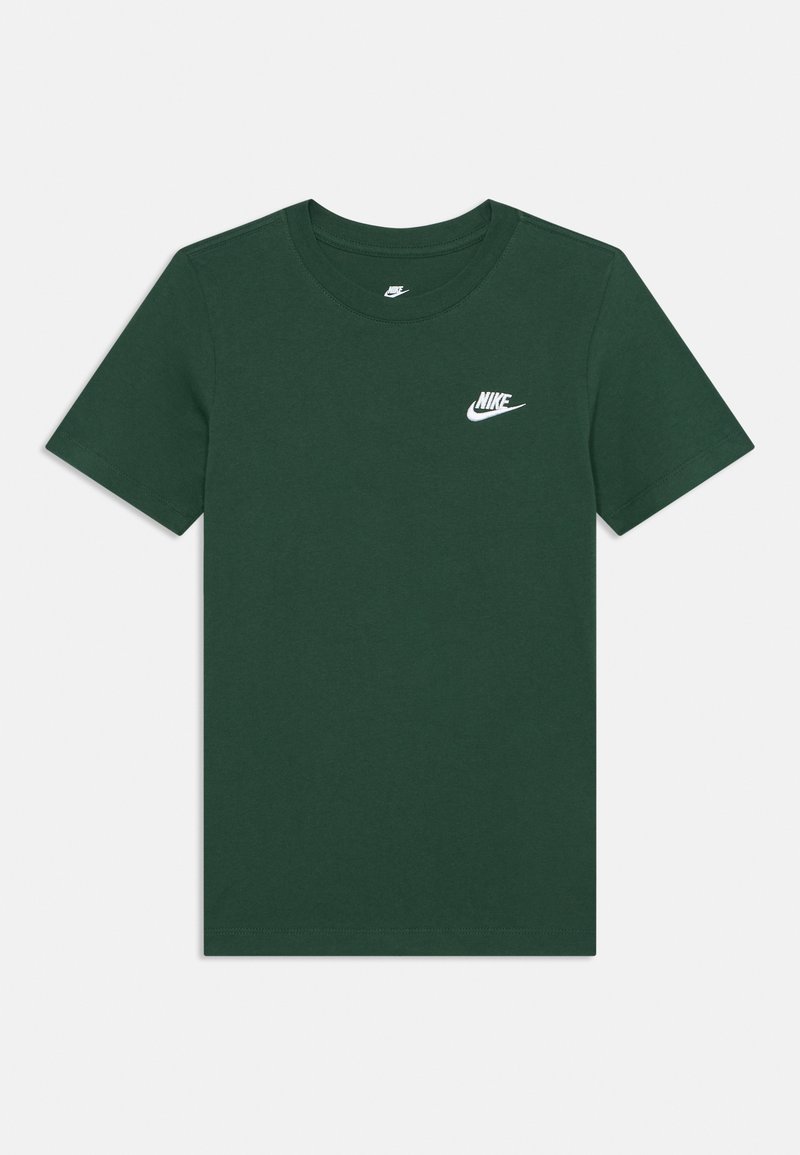 Dark green short-sleeve Nike t-shirt with white logo on the left chest and a round neckline, laid flat on a white background.