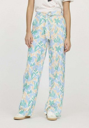 Pantalons légers taille haute avec un motif floral en nuances de bleu pastel, vert et pêche, dotés d'une ceinture à nouer et d'une coupe large.
