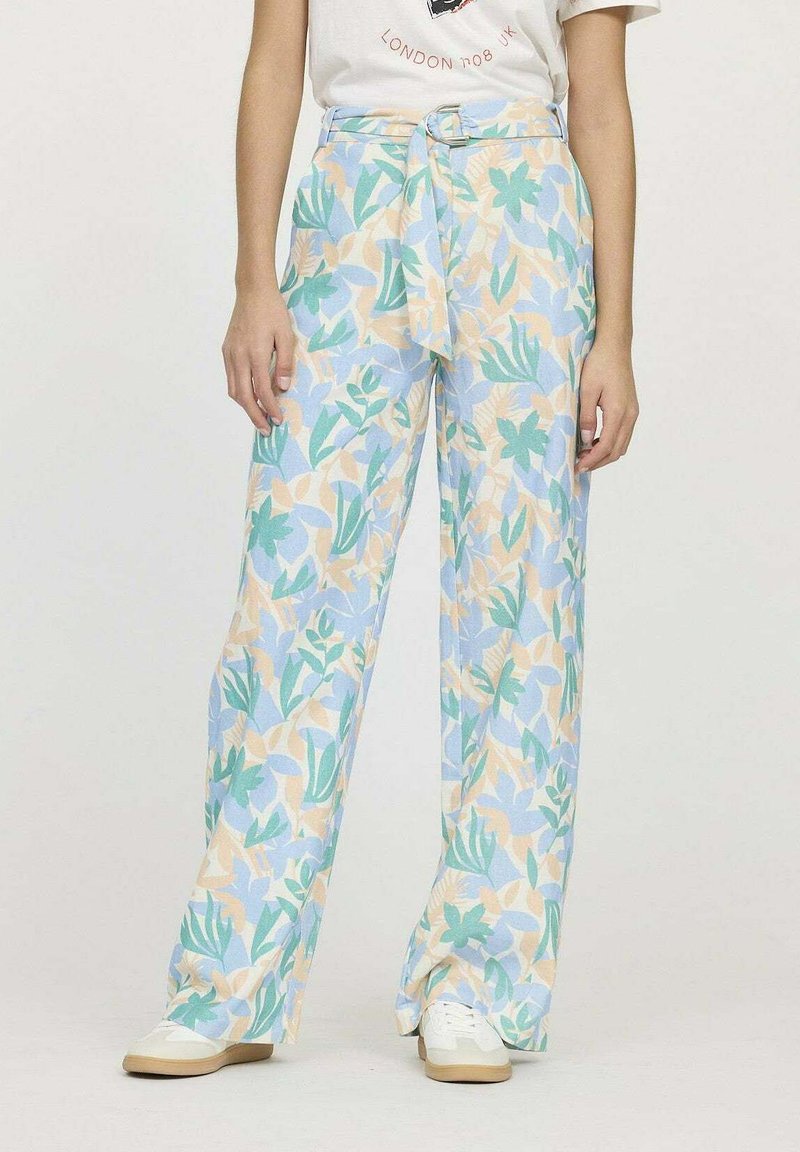 Pantalons légers taille haute avec un motif floral en nuances de bleu pastel, vert et pêche, dotés d'une ceinture à nouer et d'une coupe large.