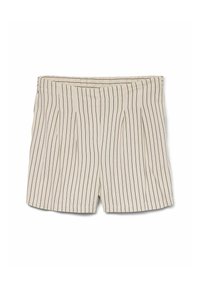 Cremefarvede shorts med lodrette sorte striber, der har plisseringer fortil, en elastisk talje og en glat tekstur.