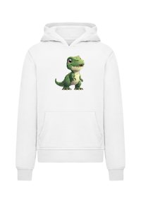 Weißer Kapuzenpullover mit einer Vorderseite-Tasche und einem Cartoon-Grafik von einem grünen Dinosaurier. Weicher Stoff, lange Ärmel und eine geräumige Kapuze.