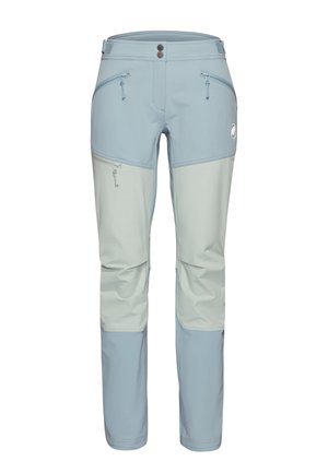 Pantaloni da esterno azzurri e grigi con tasche con cerniera, vita con doppio bottone e aree rinforzate su ginocchia e caviglie.