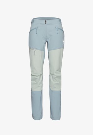 Pantaloni da esterno azzurri e grigi con tasche con cerniera, vita con doppio bottone e aree rinforzate su ginocchia e caviglie.