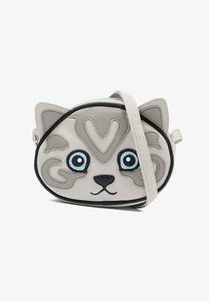 Szara skórzana torebka na ramię w kształcie kota, z niebieskimi i czarnymi akcentami, haftowanymi detalami oraz odpinanym paskiem.