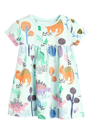 Lys blå kortærmet kjole med en samlet talje, der har farverige dinosaur- og træmønstre. Lavet af blødt bomuldsstof.