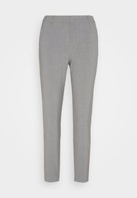 Pantalon gris sur mesure en tissu lisse, présentant une coupe slim, un devant plat et des jambes droites. Aucun motif ni accent visible.