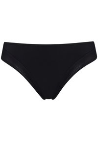 Černý spodní díl bikin vyrobený z hladké látky, s nízkým pasem, úzkými bočními panely a minimalistickým prošíváním.