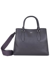 Borsa in pelle grigia con doppi manici e tracolla rimovibile. Caratterizzata da dettagli cuciti e un logo metallico sul frontale.
