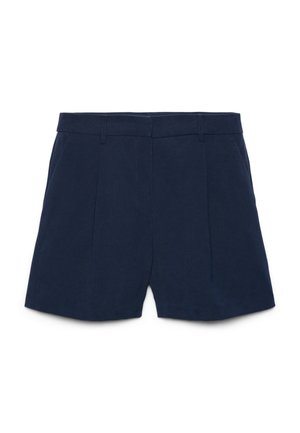 Marineblaue maßgeschneiderte Shorts mit Bund, Gürtelschlaufen, vorderen Falten und Seitentaschen, dargestellt vor weißem Hintergrund.