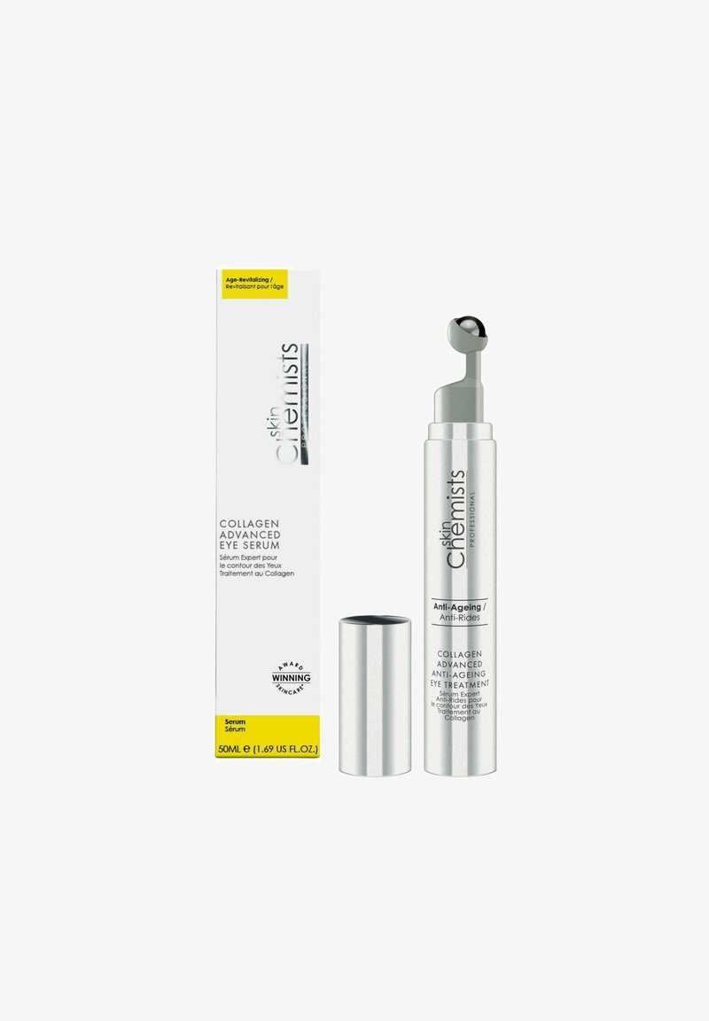 Zaawansowane serum do oczu z kolagenem z metalowym aplikatorem w formie rolki i srebrną nakrętką obok białego pudełka oznaczonego jako preparat przeciwzmarszczkowy do pielęgnacji skóry wokół oczu.