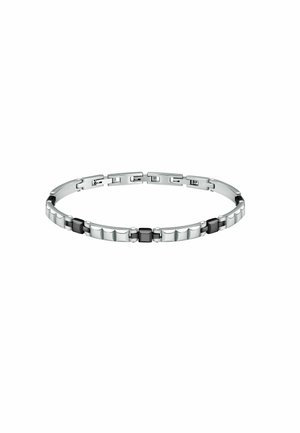 Bracciale in tonalità argento con maglie alternate lucide e opache, impreziosito da due accenti neri. Design elegante e flessibile con chiusura sicura.