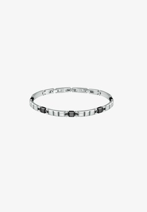 Bracciale in tonalità argento con maglie alternate lucide e opache, impreziosito da due accenti neri. Design elegante e flessibile con chiusura sicura.