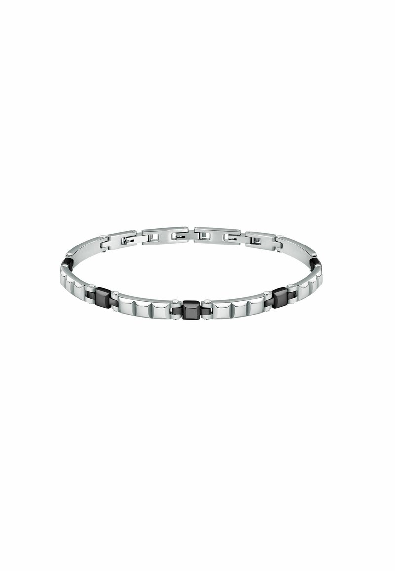 Bracciale in tonalità argento con maglie alternate lucide e opache, impreziosito da due accenti neri. Design elegante e flessibile con chiusura sicura.