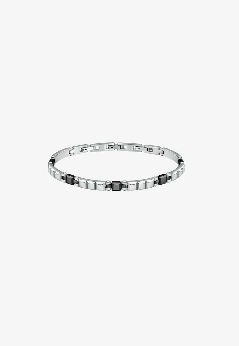 Bracciale in tonalità argento con maglie alternate lucide e opache, impreziosito da due accenti neri. Design elegante e flessibile con chiusura sicura.