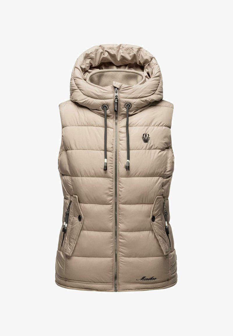 Beige Steppweste mit Kapuze, gesteppter Verarbeitung, zwei seitlichen Taschen, Frontreißverschluss und schwarzem Logo unten rechts. Strukturierter Stoff.