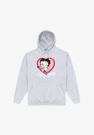 Szary kaptur z miękkiego materiału, ozdobiony dużą grafiką postaci z kreskówek w czerwonym sercu z napisem "Betty Boop". Kieszeń typu kangur na froncie.