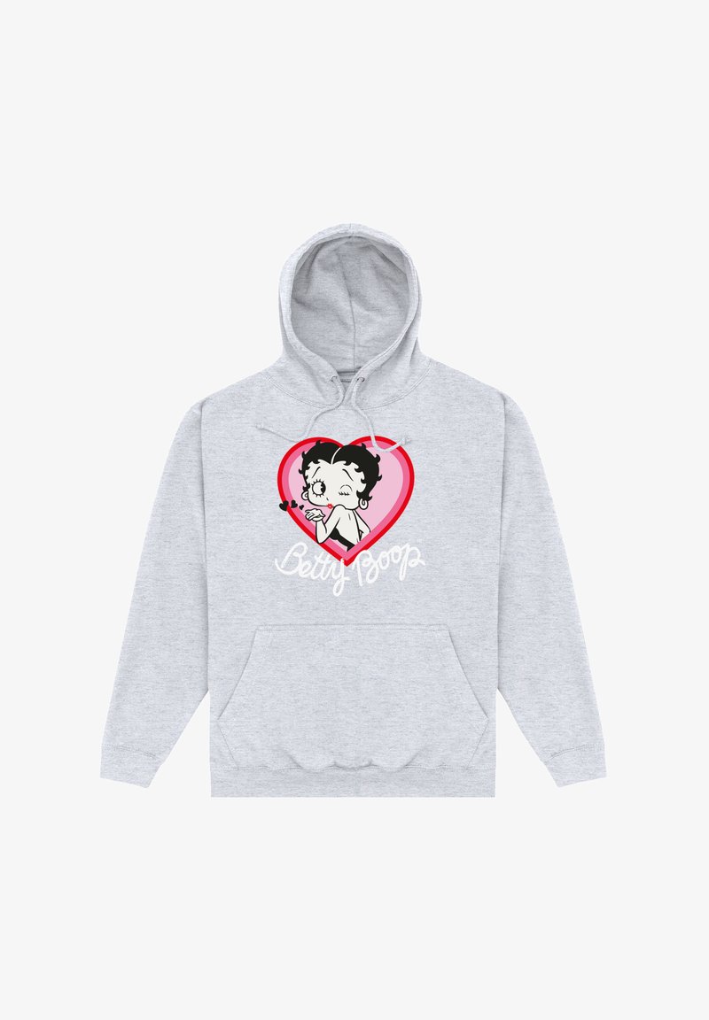 Šedá mikina s kapucí vyrobená z jemné tkaniny, s velkým grafickým motivem kreslené postavičky v červeném srdci s nápisem "Betty Boop". Přední klokanka.