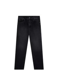 Jeans negri cu picioare drepte, cu buton și fermoar în față, design cu cinci buzunare și brâie.