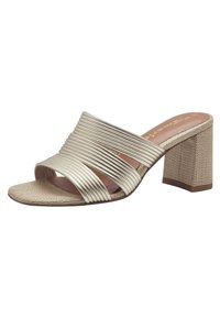 Silver metal-strapped slide sandals with a textured beige woven block heel and open toe design. Smooth finish and padded footbed.