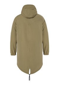 Oliven grøn lang parka jakke med hætte, elastiske manchetter, en splitkant og en snøre i bunden, lavet af et glat, vandtæt materiale.