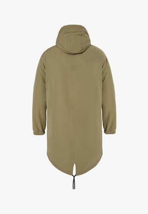 Geacă lungă de tip parka, de culoare verde măsliniu, cu glugă, manșete elastice, tiv despicat și șnur la baza, confecționată dintr-un material neted, impermeabil.