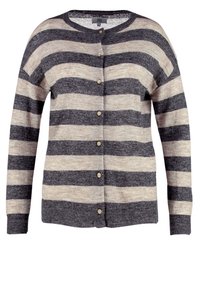Cardigan a righe realizzato in morbido tessuto a maglia, con righe orizzontali alternate in grigio scuro e beige, scollo rotondo e bottoni dorati.