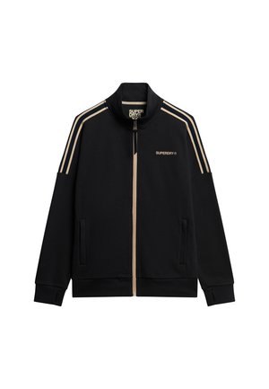 Sort lynlåstrøje lavet af blødt stof med guldfarvede striber langs skuldrene, to sidelommer samt ribstrikket kant og manchetter.