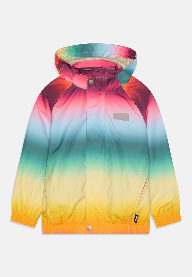 Chaqueta capucha colorida con un patrón en degradado: rosa, azul, verde y amarillo. Fabricada en tejido brillante con puños elásticos y un cierre a presión.