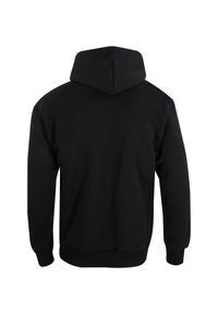 Zwarte hoodie met een trekkoord in de kap, lange mouwen en ribgebreide manchetten en zoom. Gladde textuur zonder zichtbare logo's of patronen.