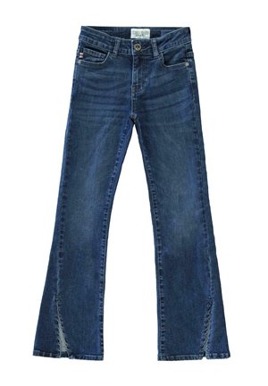 Blauwe denim flared jeans met een mid-rise taille, voorzakken en zijsplits aan de zoom. Textuur: soepel met vervaagde delen en stikseldetails.