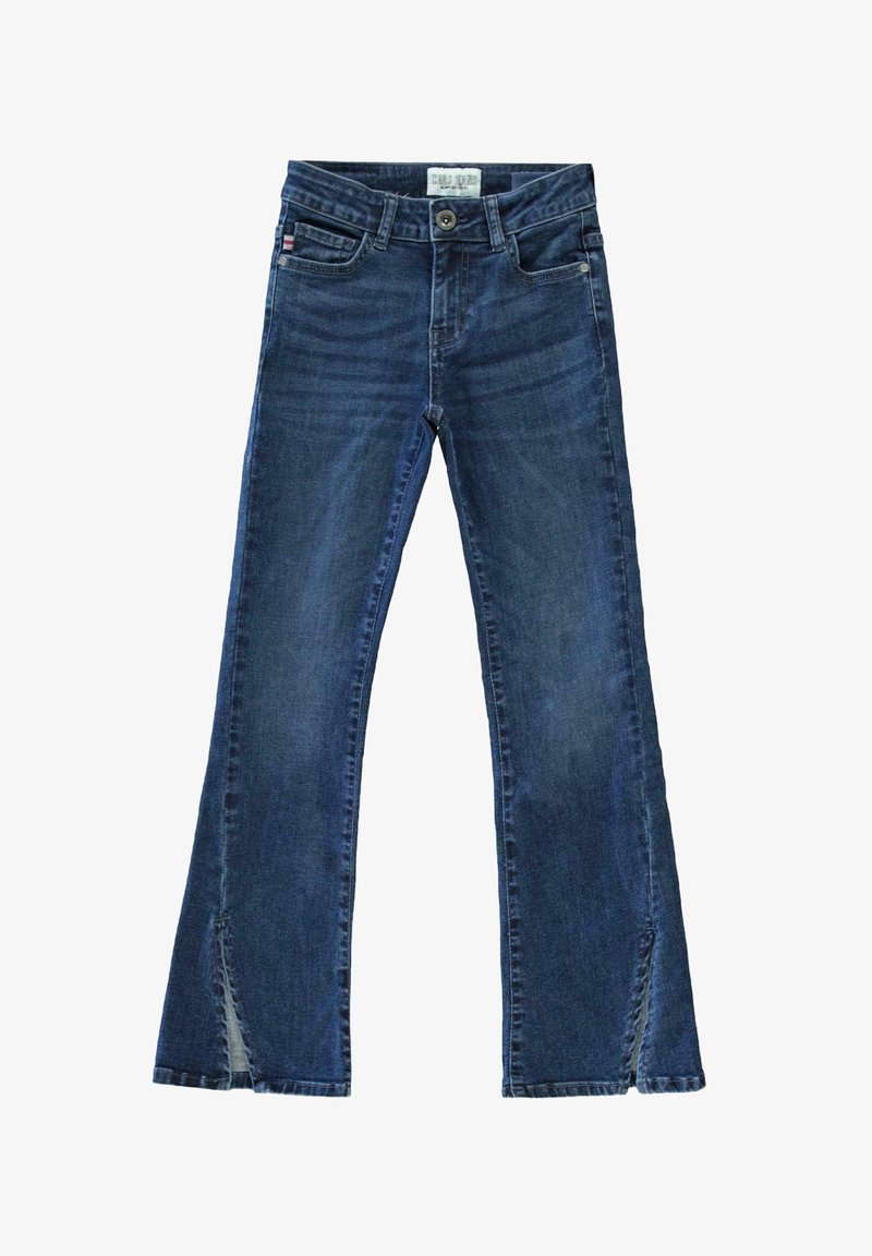 Blauwe denim flared jeans met een mid-rise taille, voorzakken en zijsplits aan de zoom. Textuur: soepel met vervaagde delen en stikseldetails.