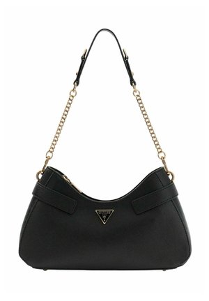 Sac d'épaule noir à forme incurvée, fabriqué en matière texturée, avec des accents en chaîne dorée et un détail de logo triangulaire.