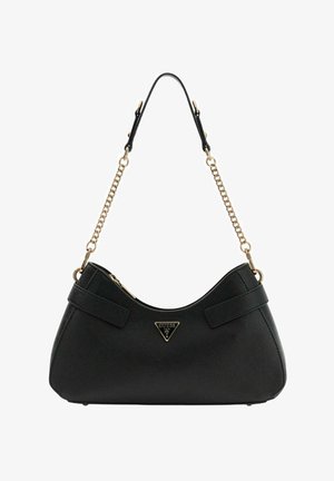 Sac d'épaule noir à forme incurvée, fabriqué en matière texturée, avec des accents en chaîne dorée et un détail de logo triangulaire.