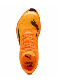 Oranje sportieve schoen met een bovenwerk van textuurstof, zwarte accenten en een opvallend logo. Voorzien van veters en een bedrukte inlegzool met tekst.