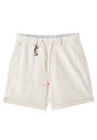 Shorts en coton beige avec une ceinture élastique, des poches avant et un cordon de serrage avec des accents noirs et jaunes. Revers pliés en bas.