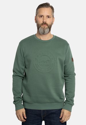 Grüner Sweatshirt mit strukturiertem, kreisförmigem Logo, Rundhalsausschnitt und gerippten Bündchen. Verfügt über einen kleinen braunen Akzentpatch am Ärmel.