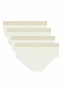 Fünf Paare crèmefarbener Baumwollslips mit einem beigen elastischen Bund, markiert mit "Marc O'Polo" in hellen Buchstaben.